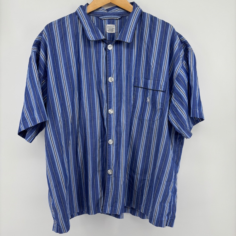 Vintage 90s Polo Ralph Lauren Underwear Stripe Lounge Pajama Shirt Men L/XL Blue